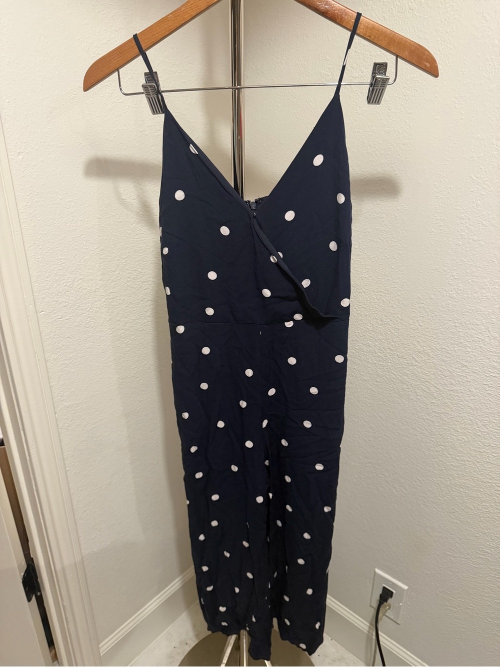 LOFT Navy and White Polka Dot Spaghetti-Strap Jumpsuit